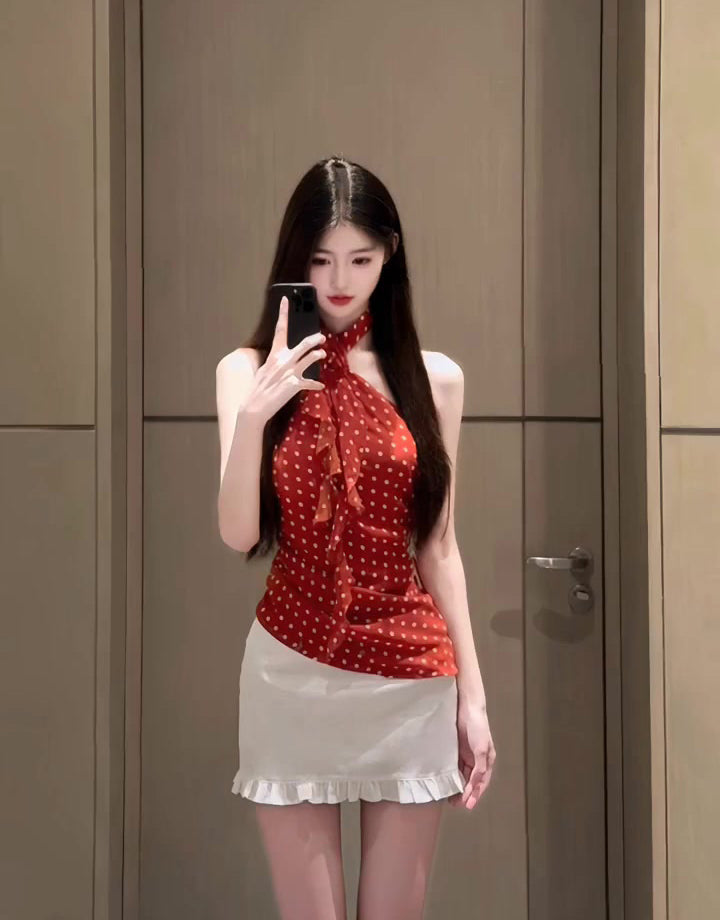 Beautiful outfit set Beautiful red polka dot halter neck vest short skirt two-piece set R0802