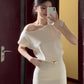 Beautiful white knitted dress gentle temperament waist hip short skirt R0803
