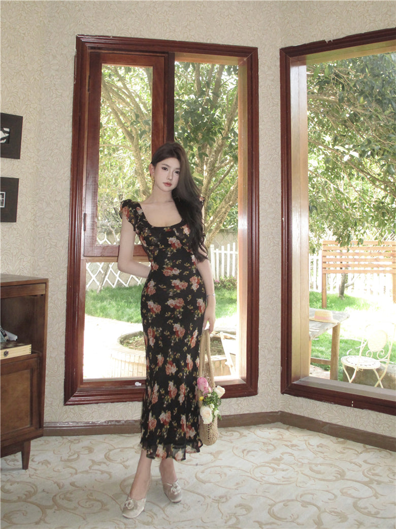 Temperament high-end retro floral dress super beautiful long skirt R0646