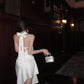 Irregular design white satin halter neck dress sexy backless slim temperament skirt R1811