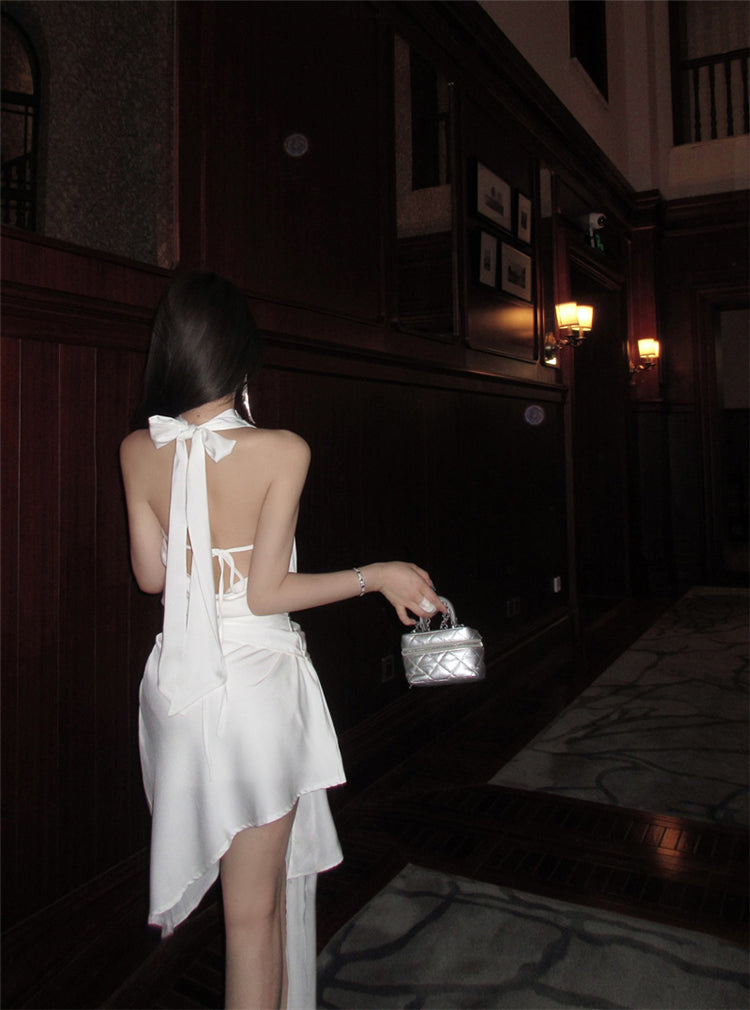 Irregular design white satin halter neck dress sexy backless slim temperament skirt R1811
