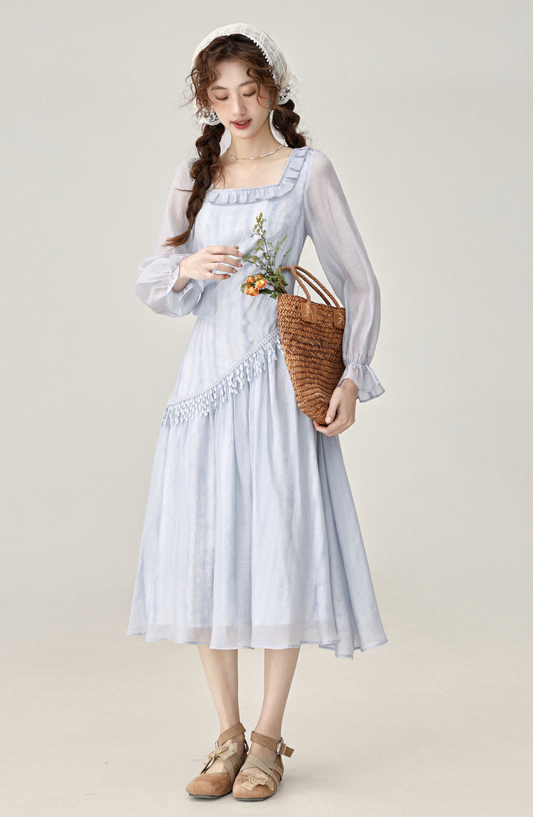 Gentle style irregular blue long-sleeved dress women's beautiful skirt R1978