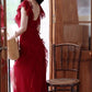 Retro red one-shoulder suspender dress high-end temperament beach dress R0774