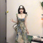 Blurred floral suspender dress temperament waist A-line beach dress R0659