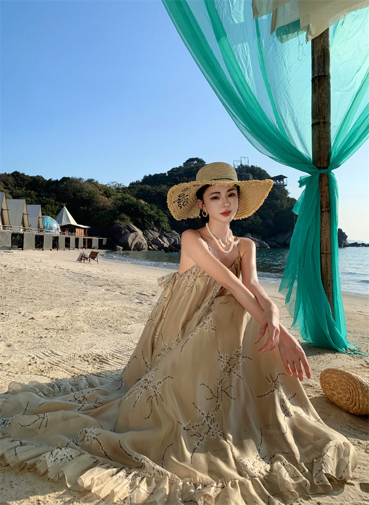 Retro printed suspender dress gentle temperament A-line long skirt R0660