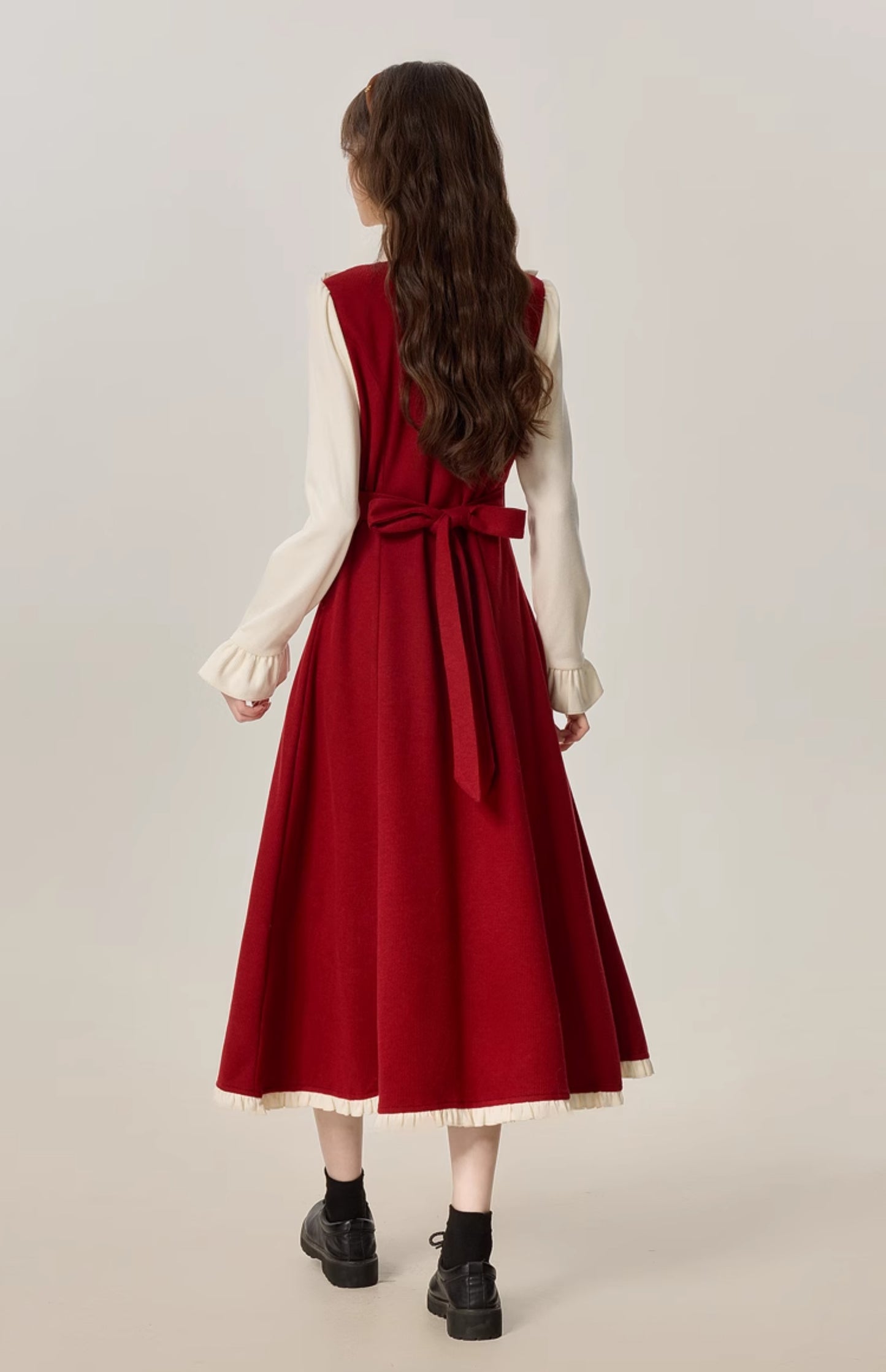 French girl style fake two piece red dress female 2025 new style skirt R1963