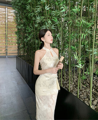 Girls improved cheongsam 2025 new style national style jacquard sleeveless halter dress R1767