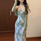 Gentle green floral suspender dress with beautiful temperament waist long skirt R0654