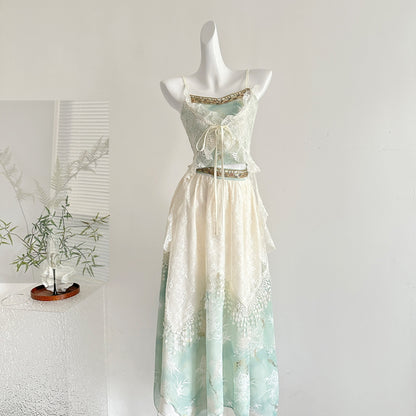 Embroidered Moon Exotic Style Fake Two-Piece Embroidered Suspender Lace Layered Skirt R2047