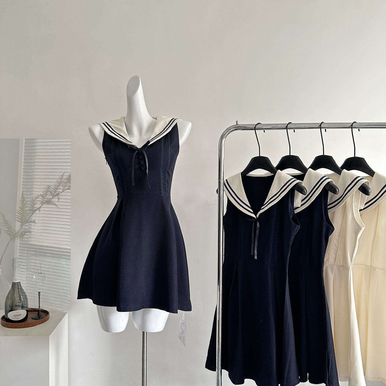 Navy Collar Cotton Ruffle Sleeveless Dress R2044