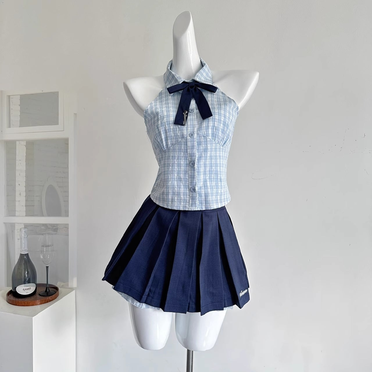 Senior sister summer niche sweet hot girl plaid halterneck suit R2046