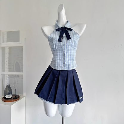 Senior sister summer niche sweet hot girl plaid halterneck suit R2046