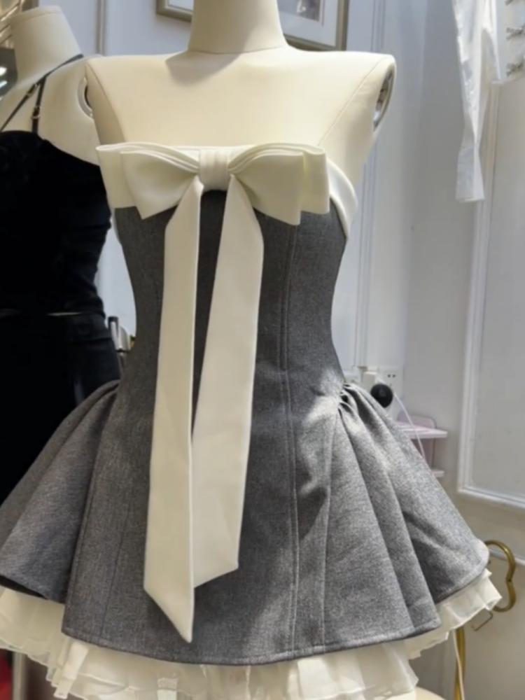 Ballet-style design sense bow bra dress women's high-end waist fluffy short skirt homecoming dress R3001