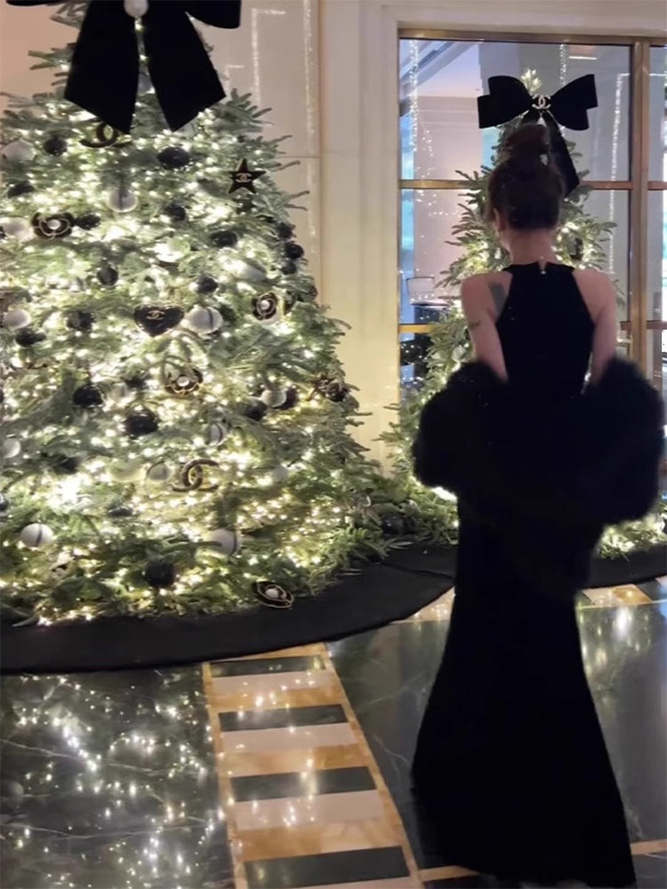 Hepburn style black dress high-end niche temperament sexy halter neck dress R1776