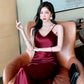High-grade drape silk satin V-neck suspender dress mid-length temperament skirt R0997