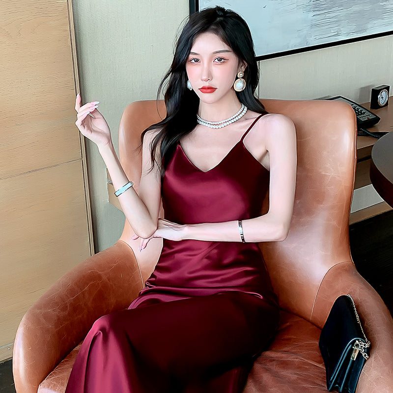 High-grade drape silk satin V-neck suspender dress mid-length temperament skirt R0997