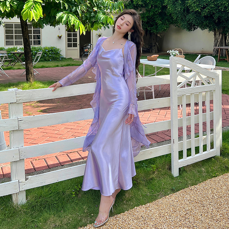 Satin dress with a swaying collar, high-end niche sexy suspender dress, purple inner long skirt R0998