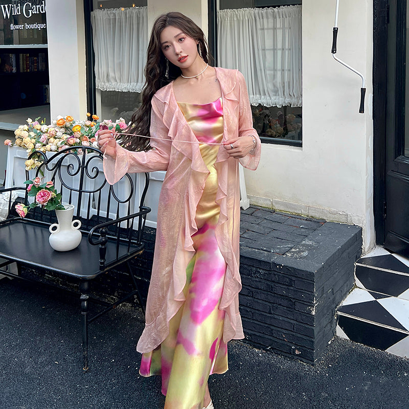 Noble temperament printed suspender dress 2025 new acetate satin long skirt R0999