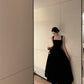 French square neck velvet suspender dress waist temperament dress black long skirt R1423