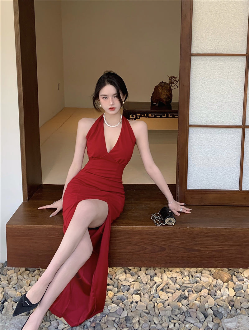 Hong Kong style retro wine red sleeveless backless slit halter neck dress beach dress R1426