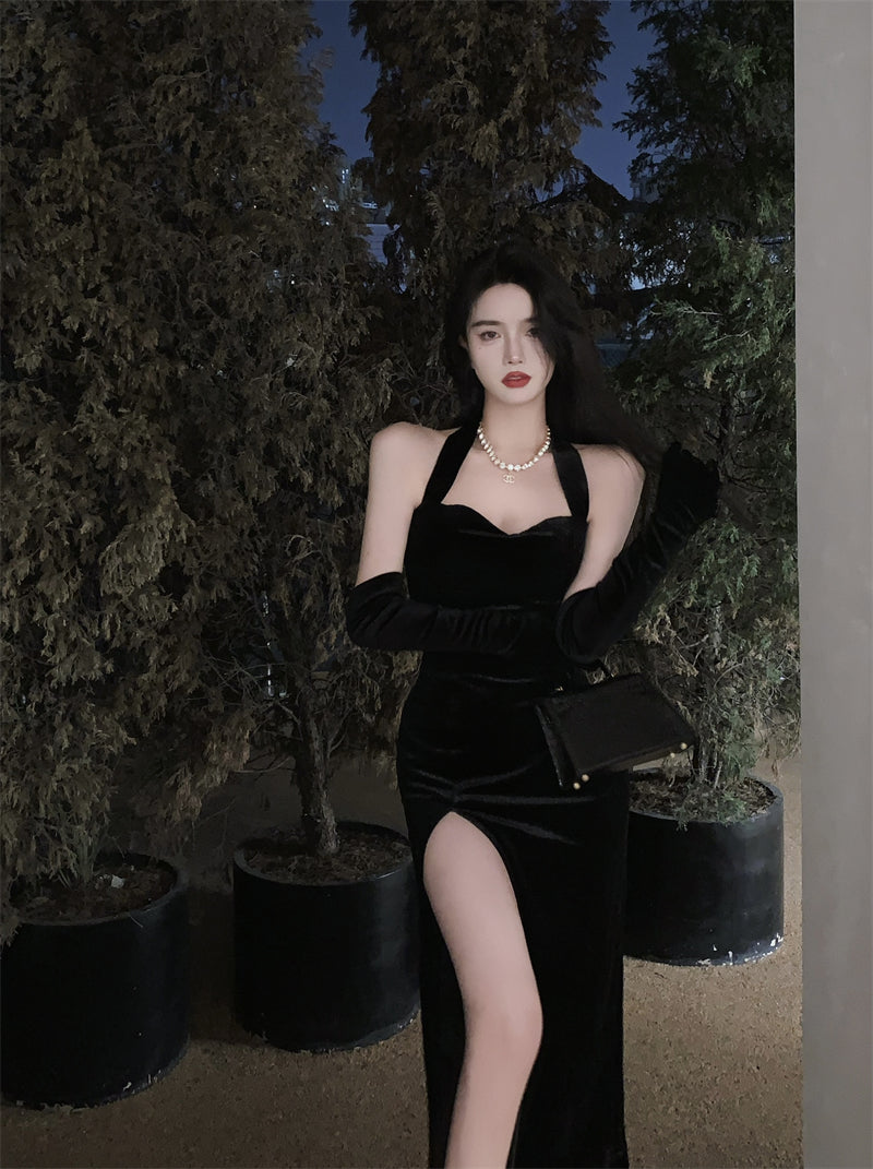 Sexy black halter neck velvet dress high-end slit backless evening party dress R1425