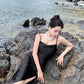 Black suspender dress slim sexy temperament slit silk satin holiday wear skirt R1443