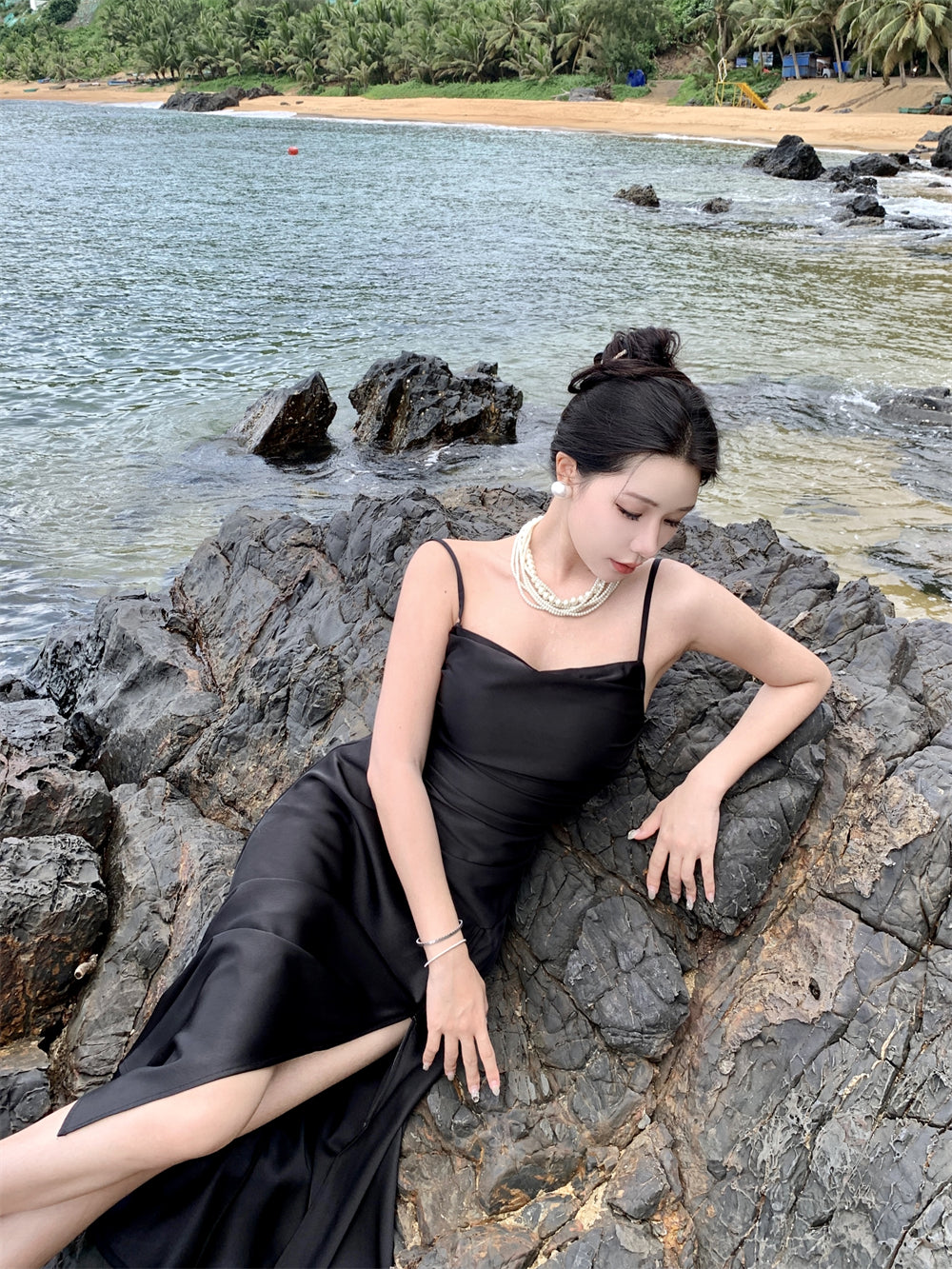 Black suspender dress slim sexy temperament slit silk satin holiday wear skirt R1443