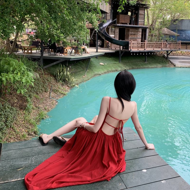 French square neck waist hip dress high waist sleeveless slim suspender dress slit long skirt R1434