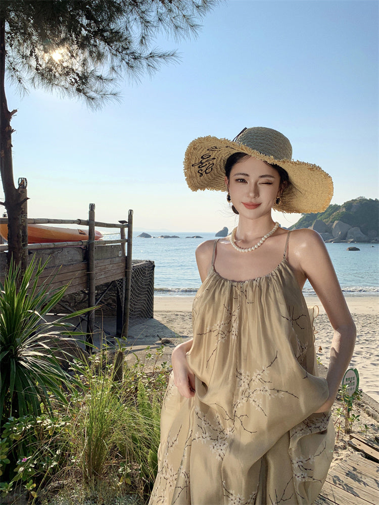 Retro printed suspender dress gentle temperament A-line long skirt R0660