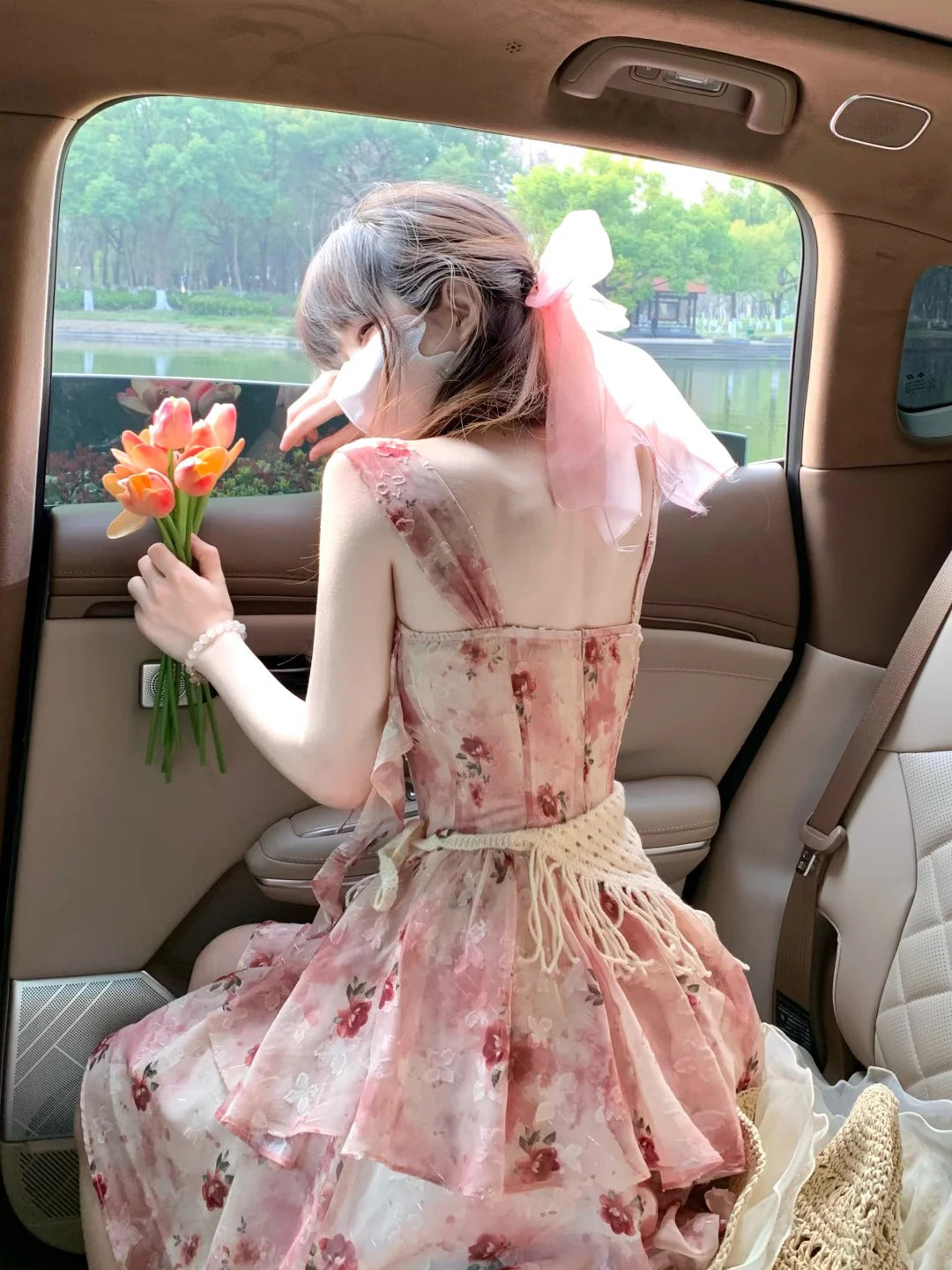 Gentle temperament sling floral dress beautiful waist A-line short skirt R0764