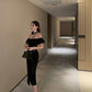 Hepburn style French sexy black one-shoulder dress slim fit temperament hip long skirt R1820