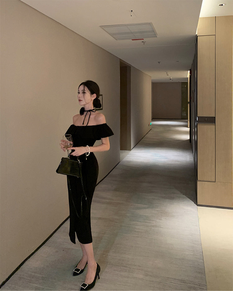 Hepburn style French sexy black one-shoulder dress slim fit temperament hip long skirt R1820