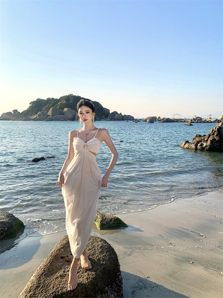 White hollow suspender dress gentle temperament waist backless A-line long skirt R0596