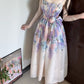 Oil painting floral suspender dress with elegant waist and beautiful small skirt R0597