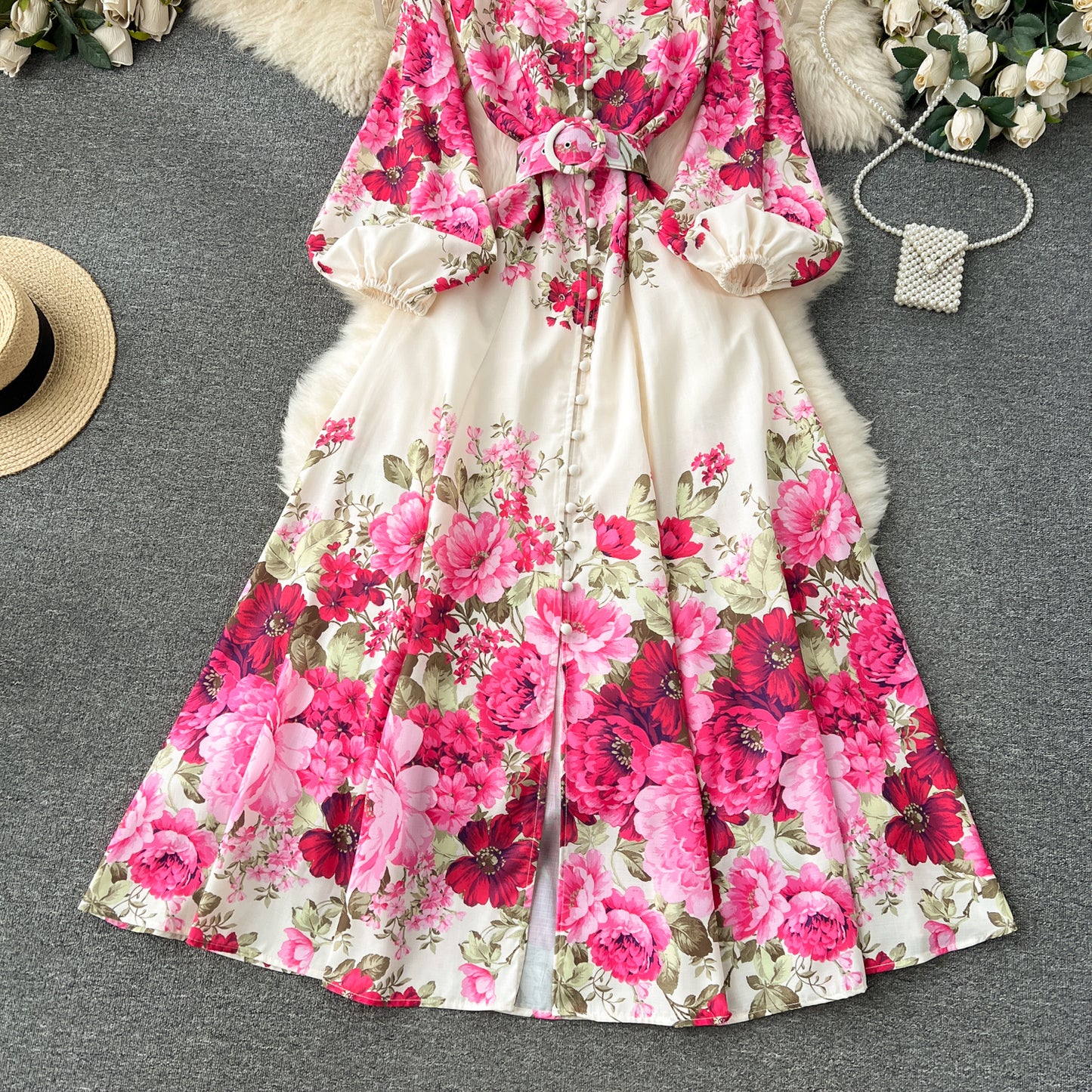 Flower series 2025 new high-end printed slim-fitting long French puff sleeve temperament dress R2347