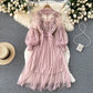 Three-dimensional flower mesh elegant stand-up collar lantern sleeve high waist suspender dress R2348