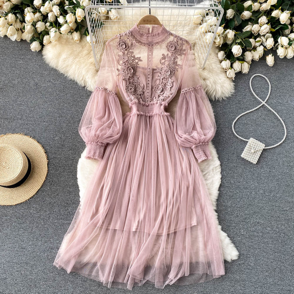 Three-dimensional flower mesh elegant stand-up collar lantern sleeve high waist suspender dress R2348