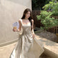 New Chinese style printed satin suspender dress niche waist slim temperament long skirt R1791