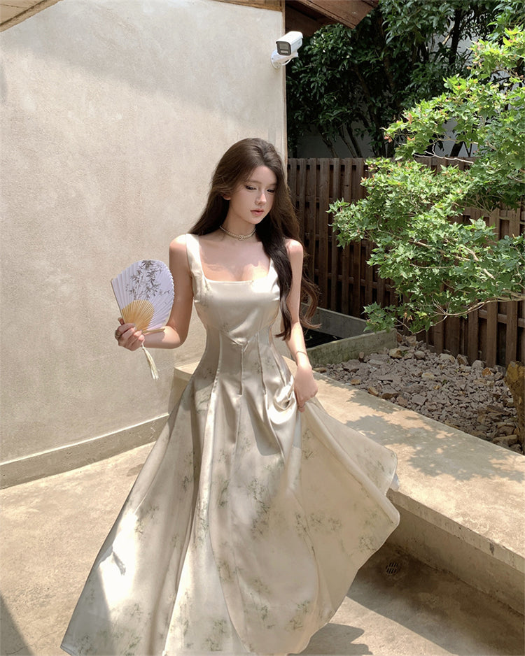 New Chinese style printed satin suspender dress niche waist slim temperament long skirt R1791