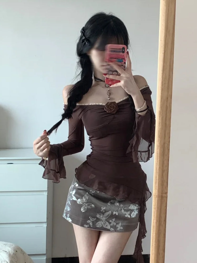 Large size French one-shoulder chic temperament slim fit top floral hip skirt two-piece set R1862