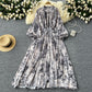 European and American style pleated printed dress lantern long sleeve waist slim long skirt R2322