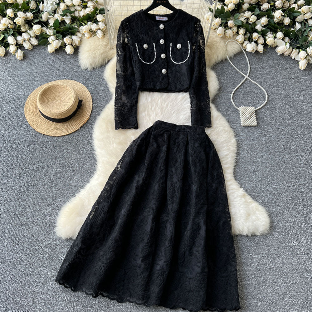Chanel style suit short round neck puff sleeve lace top high waist wide skirt two-piece suit R2323