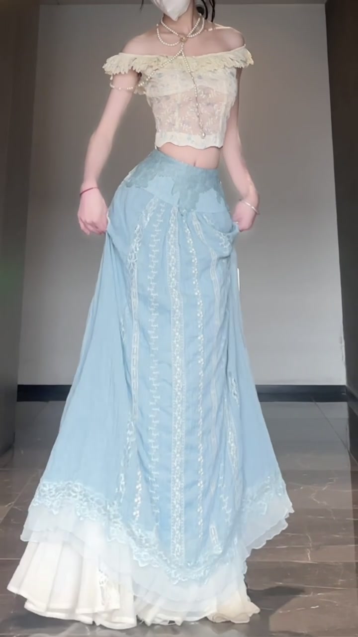 Gentle temperament white one-shoulder top a-line skirt two-piece set R0808