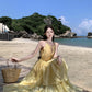 Beautiful yellow sling halter neck dress niche temperament fairy waist long skirt R0739