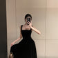 French square neck velvet suspender dress waist temperament dress black long skirt R1423