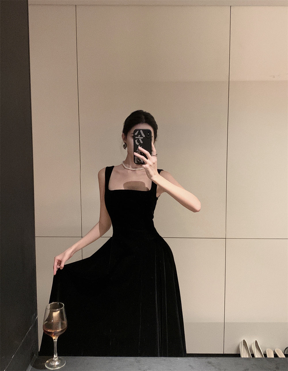 French square neck velvet suspender dress waist temperament dress black long skirt R1423