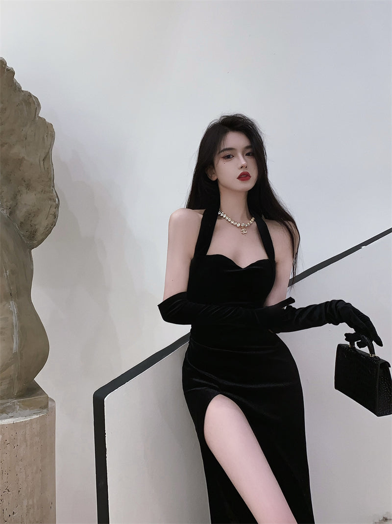 Sexy black halter neck velvet dress high-end slit backless evening party dress R1425
