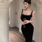 Black square neck suspender dress slim fit slit Hepburn style velvet hip dress R1424