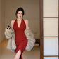 Hong Kong style retro wine red sleeveless backless slit halter neck dress beach dress R1426