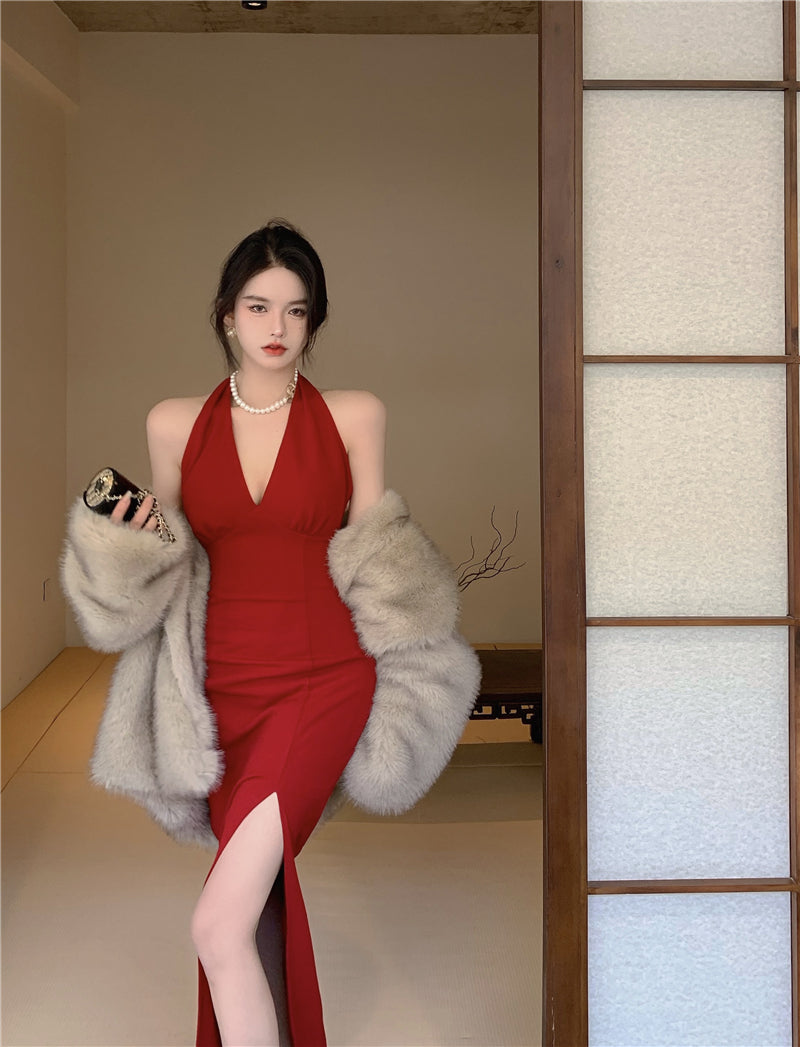 Hong Kong style retro wine red sleeveless backless slit halter neck dress beach dress R1426